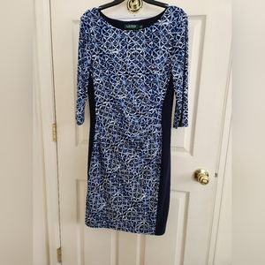 *Lauren Ralph Lauren Blue & White Print Dress 3/4 Sleeve Size 14